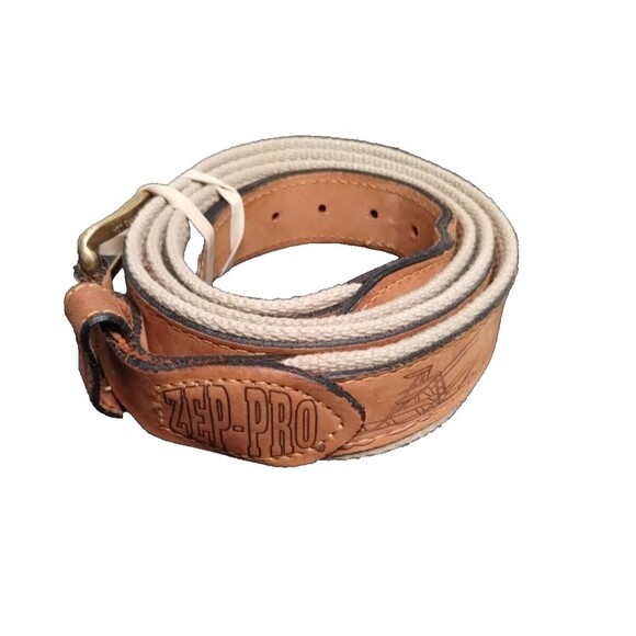 Zep Pro fish pattern belt Marlin Leather Canvas USA Size 46 Brass Buckle mens - Picture 2 of 8